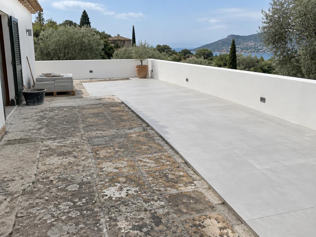 Terraza ficticia con pavimento en renovación